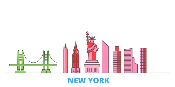 Estados Unidos, paisaje urbano de la línea de Nueva York, vector plano. Monumento de la ciudad de viajes, ilustración de oultine, iconos del mundo de línea — Vector de stock