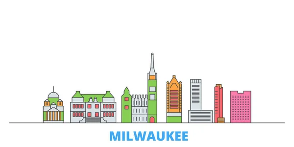Birleşik Devletler, Milwaukee şehir sınırı, düz vektör. Seyahat şehri simgesi, oultine illüstrasyonu, çizgi dünyası simgeleri — Stok Vektör