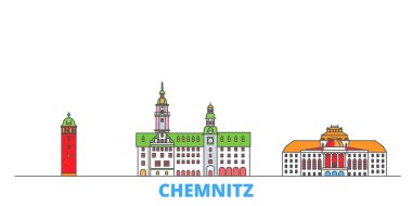Almanya, Chemnitz hattı şehir merkezi, düz vektör. Seyahat şehri simgesi, oultine illüstrasyonu, çizgi dünyası simgeleri