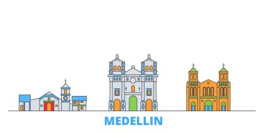Kolombiya, Medellin hattı şehir merkezi, düz vektör. Seyahat şehri simgesi, oultine illüstrasyonu, çizgi dünyası simgeleri