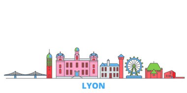 Fransa, Lyon hattı şehir manzarası, düz vektör. Seyahat şehri simgesi, oultine illüstrasyonu, çizgi dünyası simgeleri