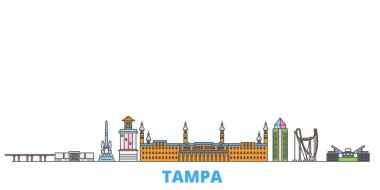 Birleşik Devletler, Tampa hattı şehir manzarası, düz vektör. Seyahat şehri simgesi, oultine illüstrasyonu, çizgi dünyası simgeleri