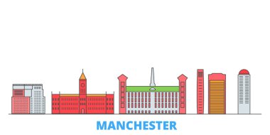 Birleşik Devletler, Manchester hattı şehir manzarası, düz vektör. Seyahat şehri simgesi, oultine illüstrasyonu, çizgi dünyası simgeleri