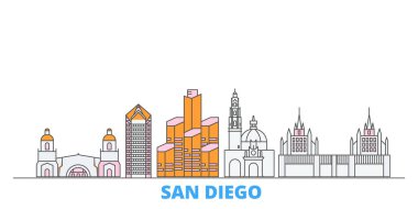 Birleşik Devletler, San Diego hattı şehir merkezi, düz vektör. Seyahat şehri simgesi, oultine illüstrasyonu, çizgi dünyası simgeleri