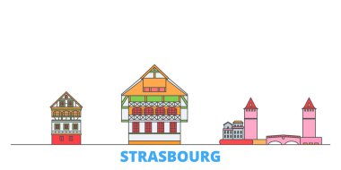 Fransa, Strasbourg şehir sınırı, düz vektör. Seyahat şehri simgesi, oultine illüstrasyonu, çizgi dünyası simgeleri