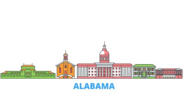 Birleşik Devletler, Montgomery hattı şehir manzarası, düz vektör. Seyahat şehri simgesi, oultine illüstrasyonu, çizgi dünyası simgeleri