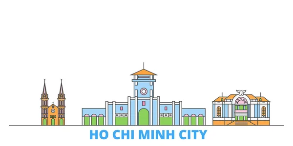 Vietnam, Ho Chi Minh Ciudad paisaje urbano, vector plano. Monumento de la ciudad de viajes, ilustración de oultine, iconos del mundo de línea — Vector de stock