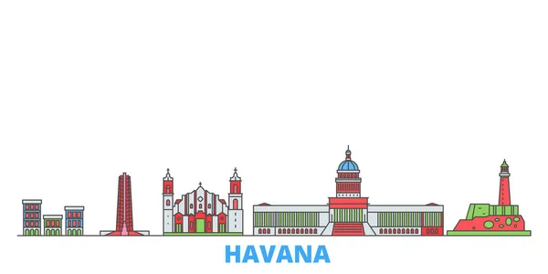 Cuba, paisaje urbano de La Habana, vector plano. Monumento de la ciudad de viajes, ilustración de oultine, iconos del mundo de línea — Vector de stock