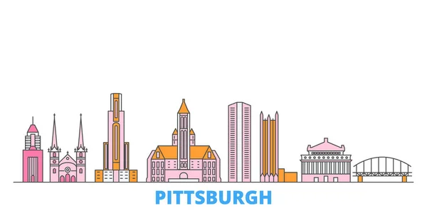 Estados Unidos, paisaje urbano de Pittsburgh, vector plano. Monumento de la ciudad de viajes, ilustración de oultine, iconos del mundo de línea — Vector de stock