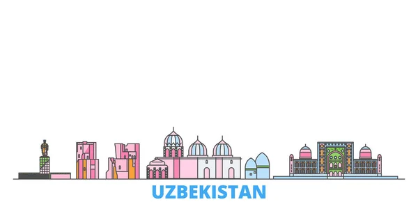 Uzbekistán paisaje urbano de línea, vector plano. Monumento de la ciudad de viajes, ilustración de oultine, iconos del mundo de línea — Vector de stock
