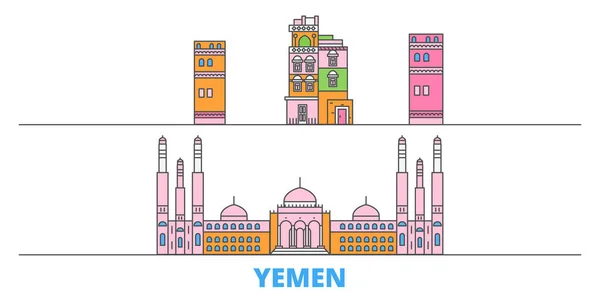 Jemen, město Sanaa, rovný vektor. Turistické památky města, oultine ilustrace, linie světových ikon — Stockový vektor