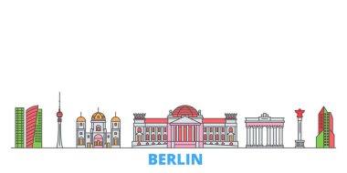 Almanya, Berlin hattı şehir manzarası, düz vektör. Seyahat şehri simgesi, oultine illüstrasyonu, çizgi dünyası simgeleri