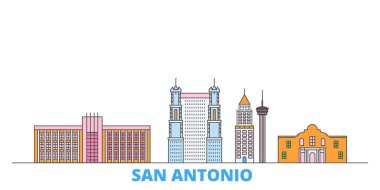 Birleşik Devletler, San Antonio hattı şehir merkezi, düz vektör. Seyahat şehri simgesi, oultine illüstrasyonu, çizgi dünyası simgeleri