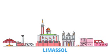 Kıbrıs, Limasol hattı şehir manzarası, düz vektör. Seyahat şehri simgesi, oultine illüstrasyonu, çizgi dünyası simgeleri