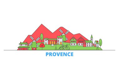 Fransa, Provence hattı şehir manzarası, düz vektör. Seyahat şehri simgesi, oultine illüstrasyonu, çizgi dünyası simgeleri