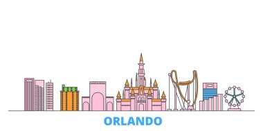 Birleşik Devletler, Orlando hattı şehir manzarası, düz vektör. Seyahat şehri simgesi, oultine illüstrasyonu, çizgi dünyası simgeleri