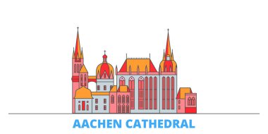 Almanya, Aachen Katedrali şehir merkezi, düz vektör. Seyahat şehri simgesi, oultine illüstrasyonu, çizgi dünyası simgeleri