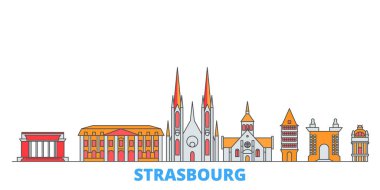 Fransa, Strasbourg hattı şehir manzarası, düz vektör. Seyahat şehri simgesi, oultine illüstrasyonu, çizgi dünyası simgeleri