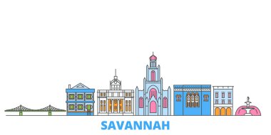 Birleşik Devletler, Savannah Hattı şehir manzarası, düz vektör. Seyahat şehri simgesi, oultine illüstrasyonu, çizgi dünyası simgeleri