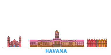 Küba, Havana şehir sınırı, düz vektör. Seyahat şehri simgesi, oultine illüstrasyonu, çizgi dünyası simgeleri