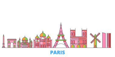 Fransa, Paris şehir sınırı, düz vektör. Seyahat şehri simgesi, oultine illüstrasyonu, çizgi dünyası simgeleri