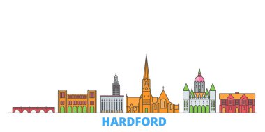 Birleşik Devletler, Hartford Hattı şehir manzarası, düz vektör. Seyahat şehri simgesi, oultine illüstrasyonu, çizgi dünyası simgeleri