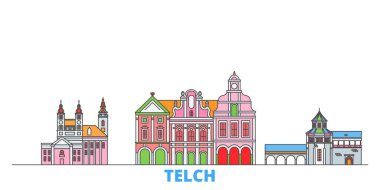 Çek Cumhuriyeti, Telc hattı şehir merkezi, düz vektör. Seyahat şehri simgesi, oultine illüstrasyonu, çizgi dünyası simgeleri
