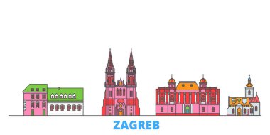 Hırvatistan, Zagrep hattı şehir manzarası, düz vektör. Seyahat şehri simgesi, oultine illüstrasyonu, çizgi dünyası simgeleri