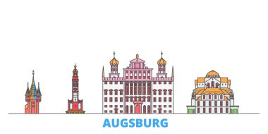 Almanya, Augsburg hattı şehir merkezi, düz vektör. Seyahat şehri simgesi, oultine illüstrasyonu, çizgi dünyası simgeleri