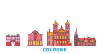 Almanya, Köln hattı şehir manzarası, düz vektör. Seyahat şehri simgesi, oultine illüstrasyonu, çizgi dünyası simgeleri