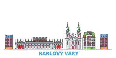 Çek Cumhuriyeti, Karlovy Vary hattı şehir merkezi, düz vektör. Seyahat şehri simgesi, oultine illüstrasyonu, çizgi dünyası simgeleri