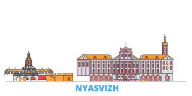 Beyaz Rusya, Nyasvizh hattı şehir merkezi, düz vektör. Seyahat şehri simgesi, oultine illüstrasyonu, çizgi dünyası simgeleri