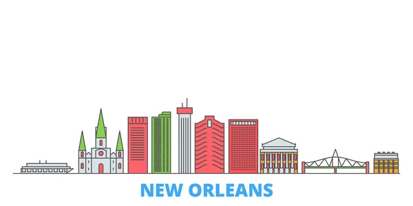 Egyesült Államok, New Orleans-i városkép, lapos vektor. Utazási város mérföldkő, oultine illusztráció, vonal világ ikonok — Stock Vector