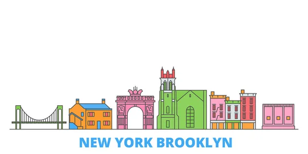 Estados Unidos, Nueva York Paisaje urbano de Brooklyn, vector plano. Monumento de la ciudad de viajes, ilustración de oultine, iconos del mundo de línea — Vector de stock