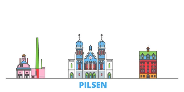 República Checa, paisaje urbano de la línea Pilsen, vector plano. Monumento de la ciudad de viajes, ilustración de oultine, iconos del mundo de línea — Vector de stock