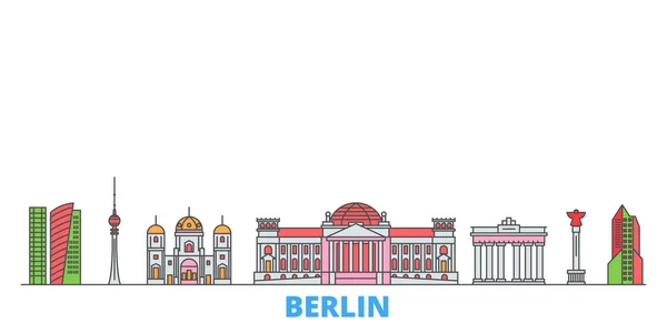 Alemania, Berlín paisaje urbano, vector plano. Monumento de la ciudad de viajes, ilustración de oultine, iconos del mundo de línea — Vector de stock