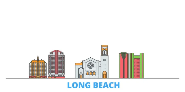 États-Unis, Long Beach ligne paysage urbain, vecteur plat. Voyage ville point de repère, oultine illustration, ligne icônes du monde — Image vectorielle