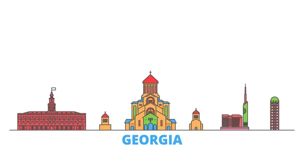Paisaje urbano de línea de Georgia, vector plano. Monumento de la ciudad de viajes, ilustración de oultine, iconos del mundo de línea — Vector de stock