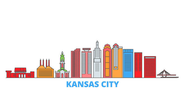 США, Канзас-Сити, городской пейзаж, плоский вектор. Ориентир города путешествий, ультина иллюстрации, линии мировых икон