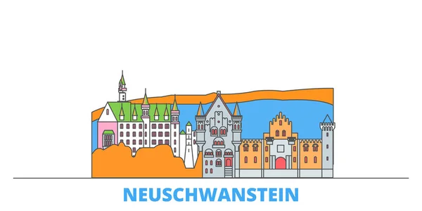 Německo, město Neuschwanstein, rovný vektor. Turistické památky města, oultine ilustrace, linie světových ikon — Stockový vektor