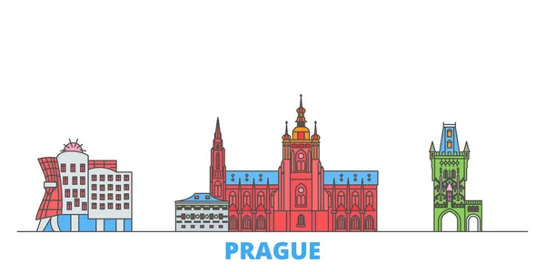 República Checa, Ciudad de Praga paisaje urbano, vector plano. Monumento de la ciudad de viajes, ilustración de oultine, iconos del mundo de línea — Vector de stock