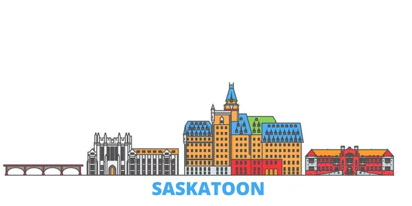 Canadá, paisaje urbano en línea Saskatoon, vector plano. Monumento de la ciudad de viajes, ilustración de oultine, iconos del mundo de línea — Vector de stock