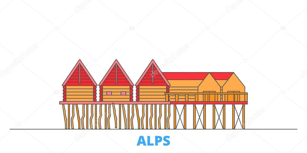 Germany, Alps, Prehistoric Pile Dwellings line cityscape, flat vector. Travel city landmark, oultine illustration, line world icons