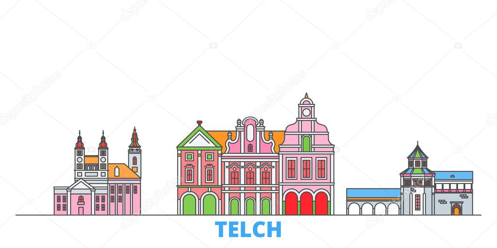 Czech Republic, Telc line cityscape, flat vector. Travel city landmark, oultine illustration, line world icons