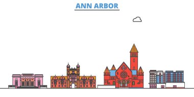 Birleşik Devletler, Ann Arbor şehir merkezi, düz vektör. Seyahat şehri simgesi, oultine illüstrasyonu, çizgi dünyası simgeleri