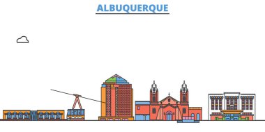 Birleşik Devletler, Albuquerque hattı şehir merkezi, düz vektör. Seyahat şehri simgesi, oultine illüstrasyonu, çizgi dünyası simgeleri