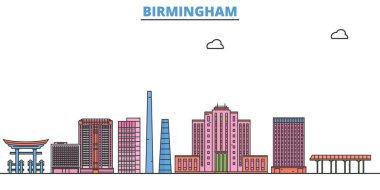 Birleşik Devletler, Birmingham hattı şehir merkezi, düz vektör. Seyahat şehri simgesi, oultine illüstrasyonu, çizgi dünyası simgeleri