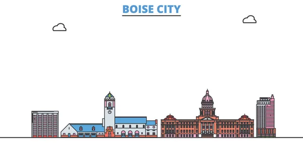 Estados Unidos, paisaje urbano de Boise City, vector plano. Monumento de la ciudad de viajes, ilustración de oultine, iconos del mundo de línea — Vector de stock