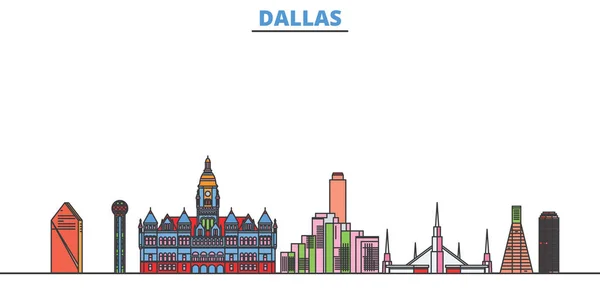 Estados Unidos, paisaje urbano de la línea Dallas, vector plano. Monumento de la ciudad de viajes, ilustración de oultine, iconos del mundo de línea — Vector de stock