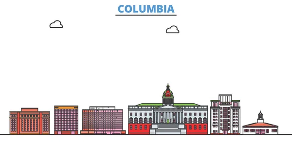 États-Unis, Columbia line cityscape, vecteur plat. Voyage ville point de repère, oultine illustration, ligne icônes du monde — Image vectorielle